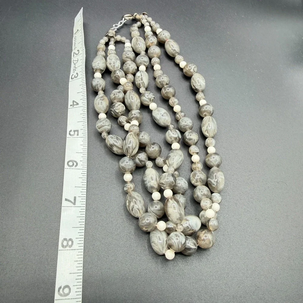 Gray Marbled Beaded Multi Strand Statement Necklace White Accent Beads Chunky